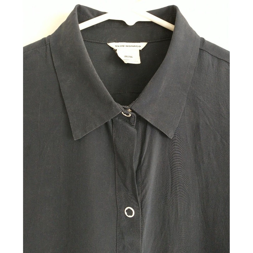 Club Monaco Blouse Top Women M Navy Blue 100% Silk Sleeveles Collar Snap Classic - Picture 3 of 11